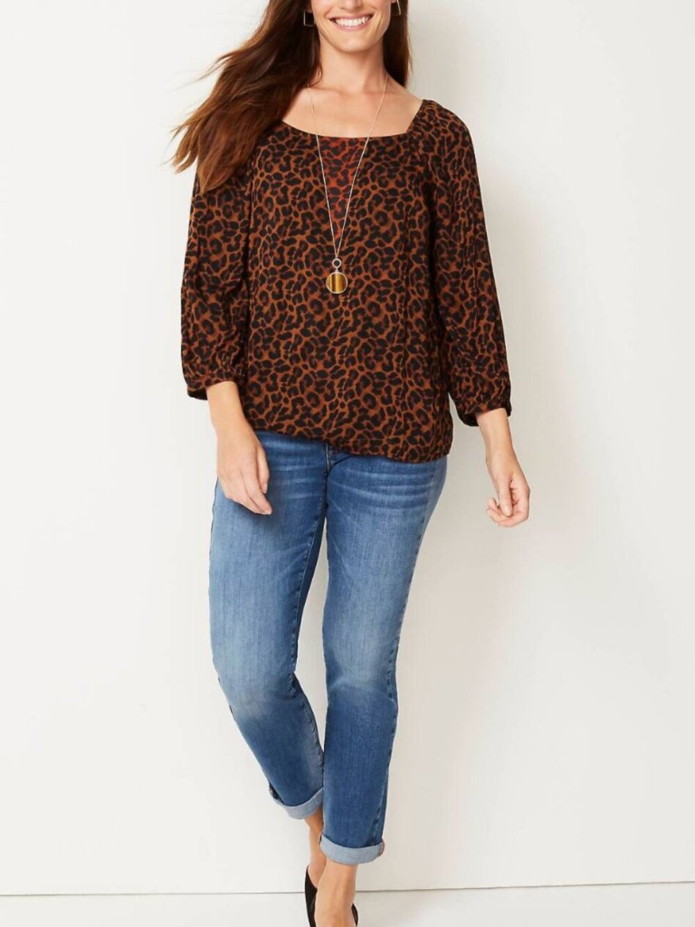 NWT J. Jill Plus Size 2X Black Brown Animal Print Satin Square-Neck Top NEW